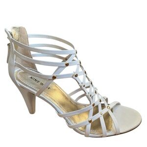 👠 NEW! Nine West Leather Strappy Gladiator Heel White Gold Details Women…